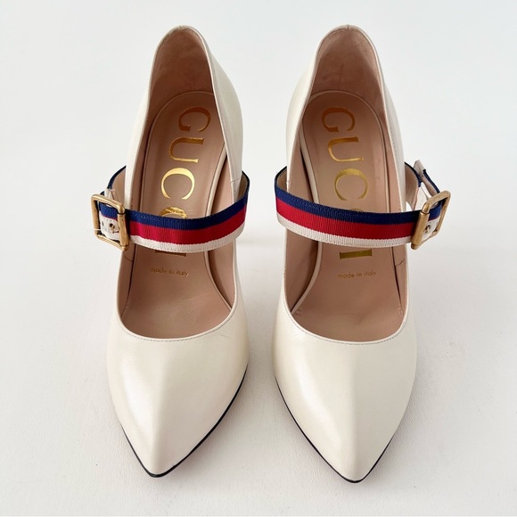 GUCCI | Sylvie Web Stripe Buckle White Leather Pumps EU 36 - Picture 2 of 16